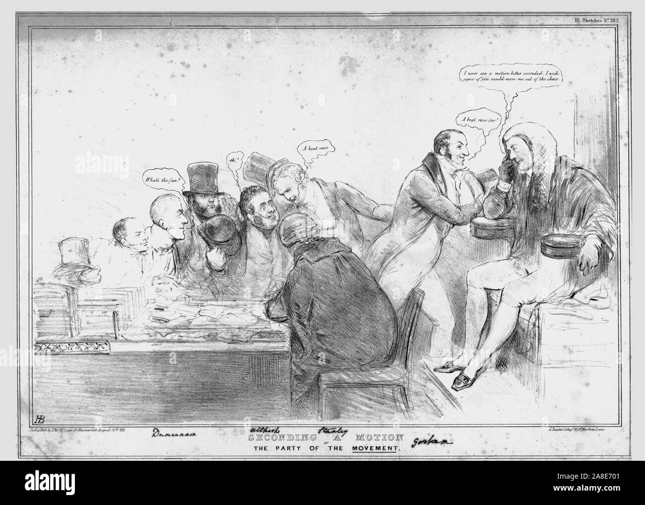 Econding «une motion ou le parti du mouvement." 1833. John William Ponsonby, 4e comte de Bessborough ; Charles Manners Sutton, 1er vicomte Canterbury ; Edward Smith Stanley, 13e comte de Derby ; Sir James Robert George Graham, William Ley ; Lord Palmerston ; John Russell, 1er comte Russell ; caricature satirique sur la politique britannique par 'H.B." (John Doyle). [Thomas McLean, Londres, 1833] Banque D'Images