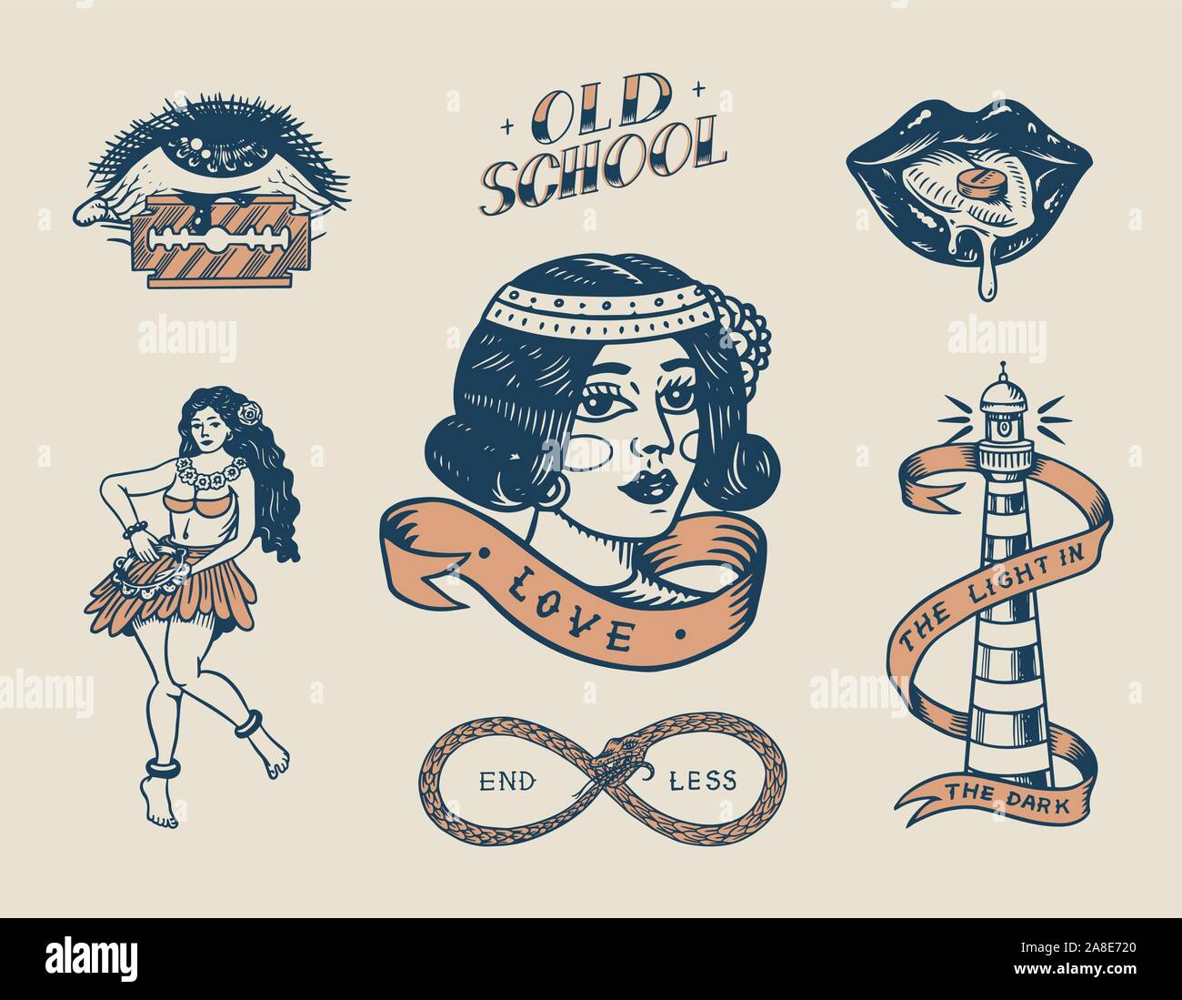 Ensemble de vintage old school tattoo. Cartes de Jeu de caractères, danseuse de hula hawaïenne femme, lèvres et phare, panthère, dés et serpent. Main gravée Illustration de Vecteur
