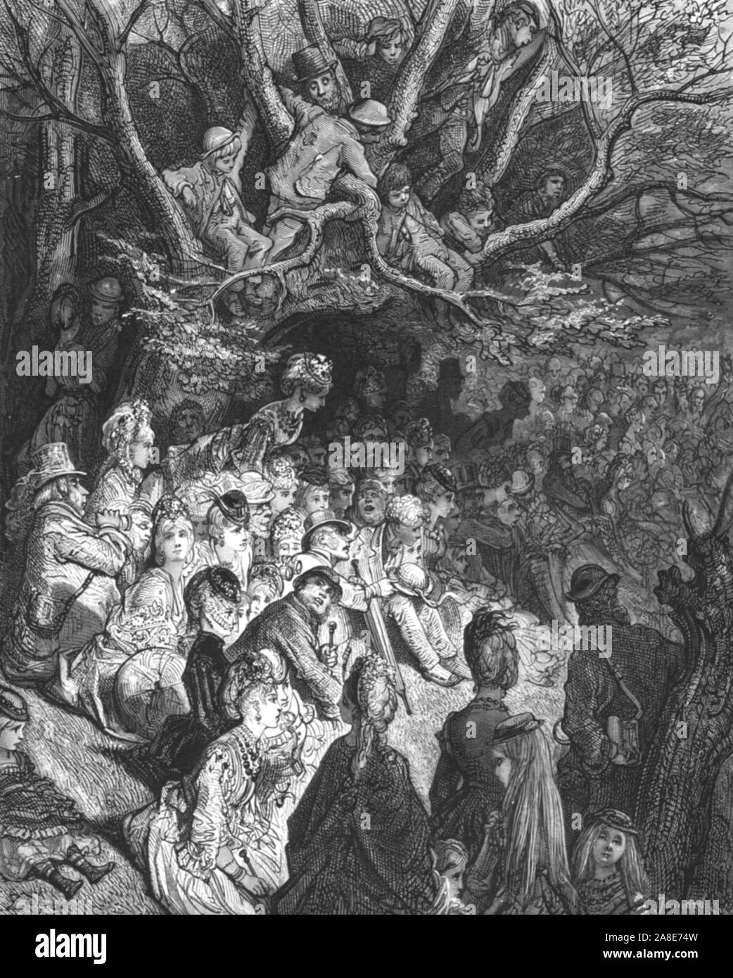 La rivière 'Bank-Under les arbres', 1872. Spectateurs regarder la course de bateau sur la rivière de Chiswick. Depuis, "Londres. Un pèlerinage" par Gustave Dore et Blanchard Jerrold. [Grant et Co., 72-78, Turnmill Street, E.C., 1872]. Banque D'Images