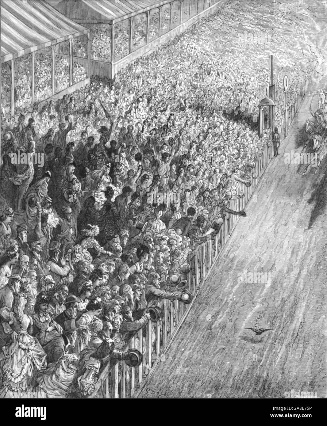 'Arrivée de la course', 1872. Les spectateurs dans les gradins sur la ligne d'arrivée du Derby d'Epsom sur Derby Day. Depuis, "Londres. Un pèlerinage" par Gustave Dore et Blanchard Jerrold. [Grant et Co., 72-78, Turnmill Street, E.C., 1872]. Banque D'Images