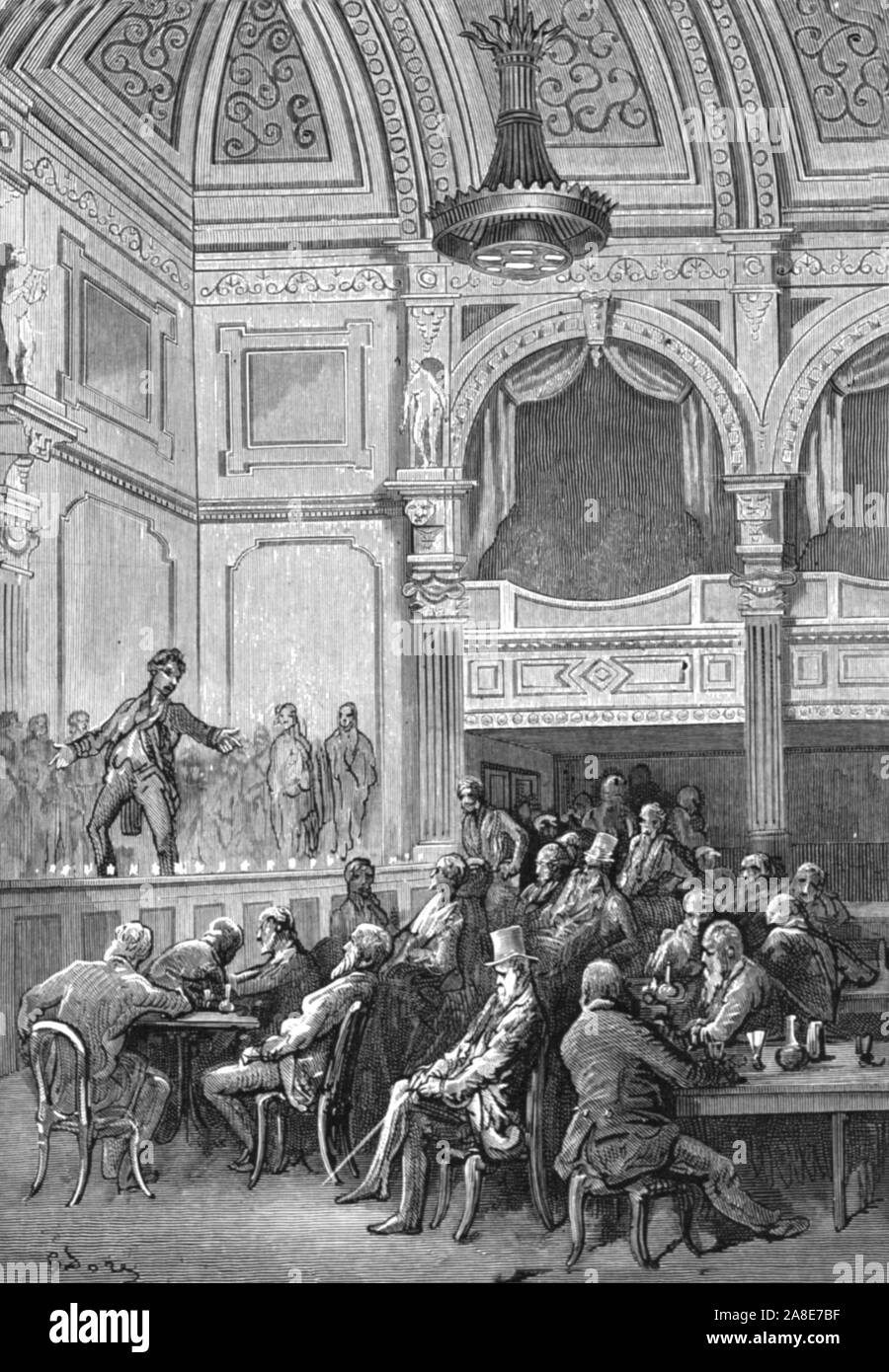 'À Evans's', 1872. La performance sur scène à Evans de la musique et le dîner Chambres dans Covent Garden, ancienne résidence de Sir Thomas Killigrew. Depuis, "Londres. Un pèlerinage" par Gustave Dore et Blanchard Jerrold. [Grant et Co., 72-78, Turnmill Street, E.C., 1872]. Banque D'Images