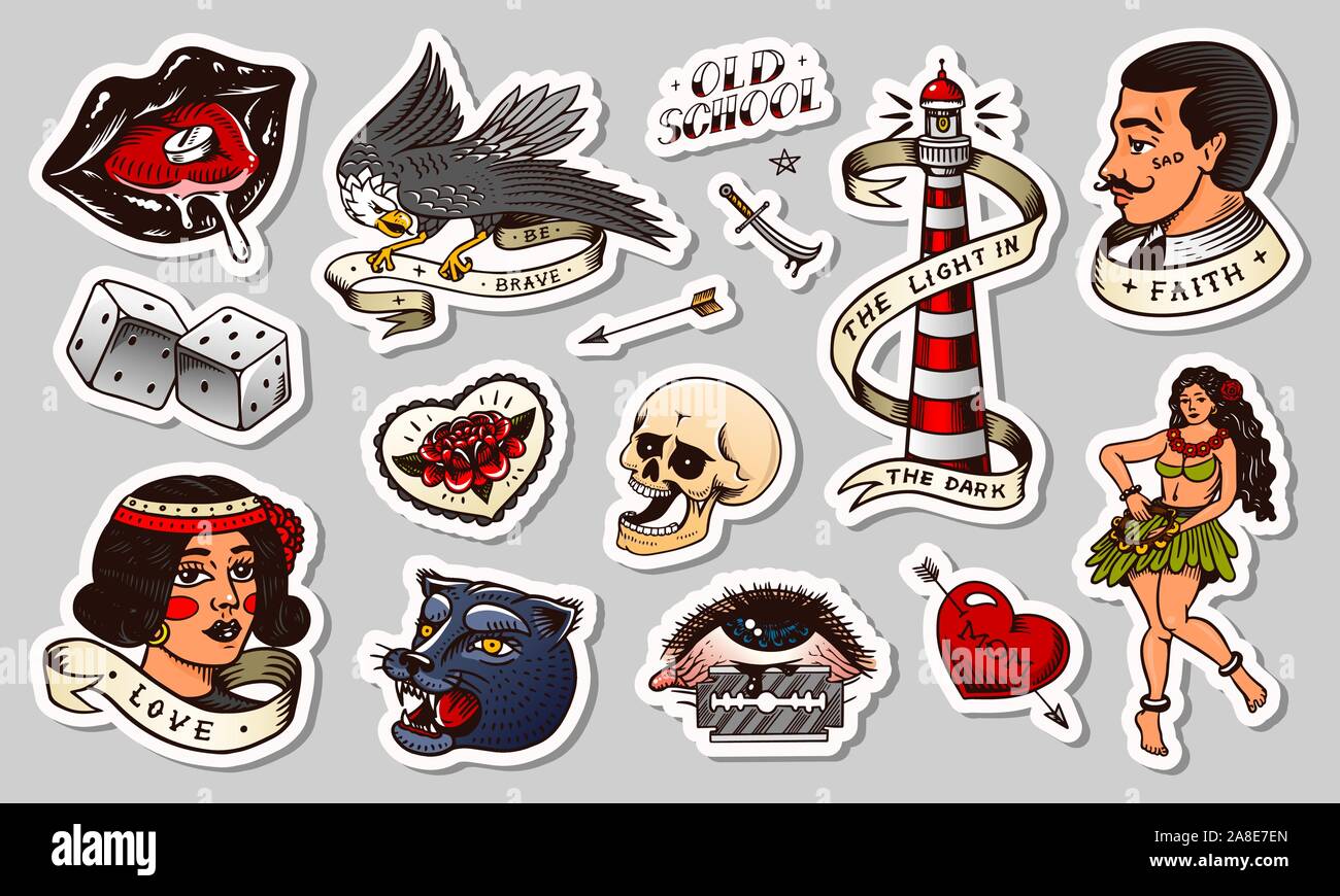 Old school tattoo autocollants set. Femme danseuse de hula hawaïenne, phare, Panther, crâne et serpent. Gravé à la main vintage retro esquisse pour Illustration de Vecteur