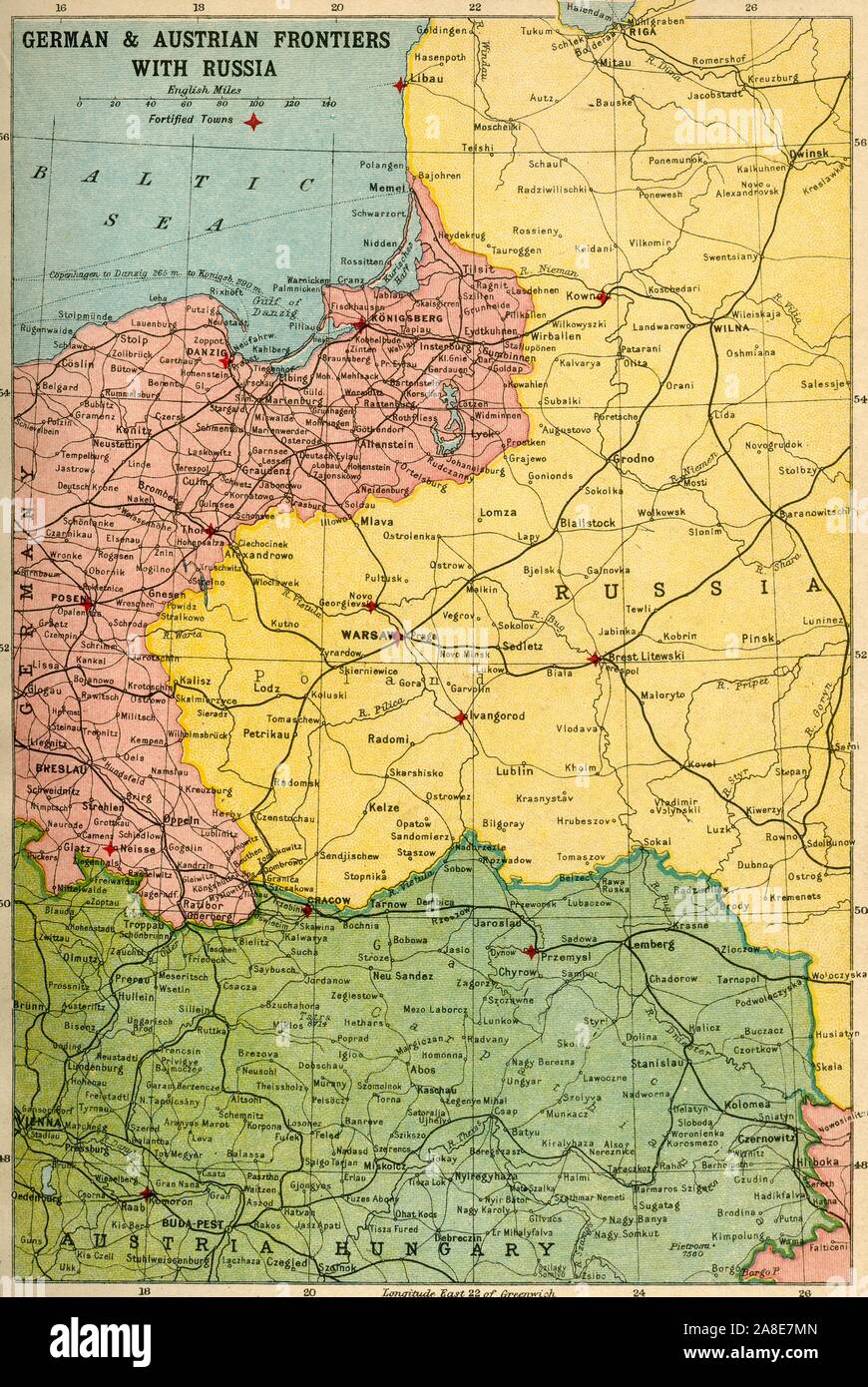 'Allemand &AMP ; frontières autrichienne avec la Russie', Première Guerre mondiale, (c1920). La carte de l'Europe orientale et de la côte de la mer Baltique. À partir de "la Grande Guerre mondiale : une histoire", Volume VII, sous la direction de Frank UN Mumby. [Le Gresham Publishing Company Ltd, London, c1920] Banque D'Images