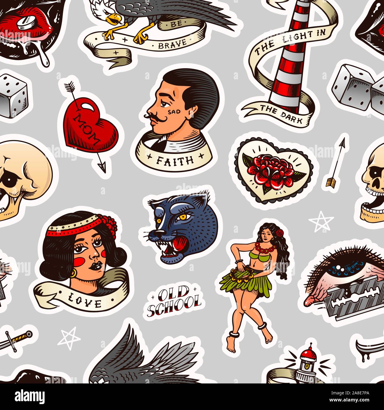 Old school tattoo Seamless pattern. Femme danseuse de hula hawaïenne, phare, Panther, crâne et serpent. Croquis à main gravée pour l'impression. Illustration de Vecteur