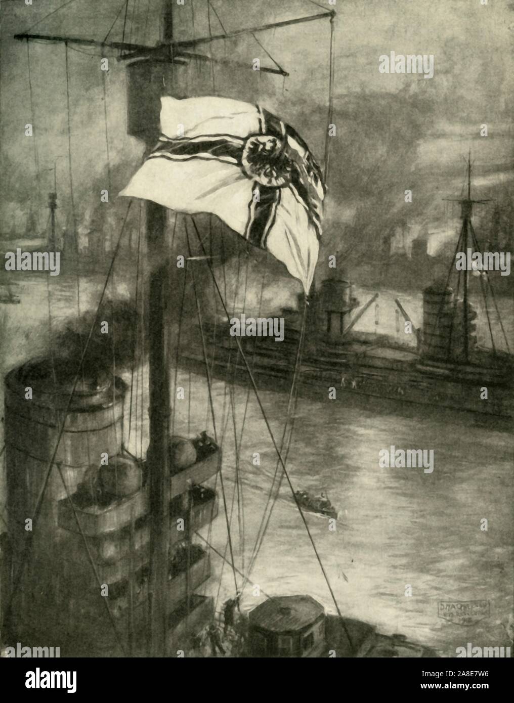 "La reddition de la flotte allemande au coucher du Soleil le 21 novembre 1918', (c1920). Les marins allemands descendre le drapeau de combat impériale sur l'un des vaisseaux de guerre après la Première Guerre mondiale l'armistice. Malgré les navires allemands appartiennent encore à l'Allemagne, l'amiral de la Marine royale britannique David Beatty a insisté pour qu'ils ne pouvaient plus voler leurs enseignes, techniquement une violation du droit maritime. Dessiné par Douglas Macpherson, à bord du HMS "résolution". À partir de "la Grande Guerre mondiale : une histoire", Volume IX, édité par Frank UN Mumby. [Le Gresham Publishing Company Ltd, London, c1920] Banque D'Images