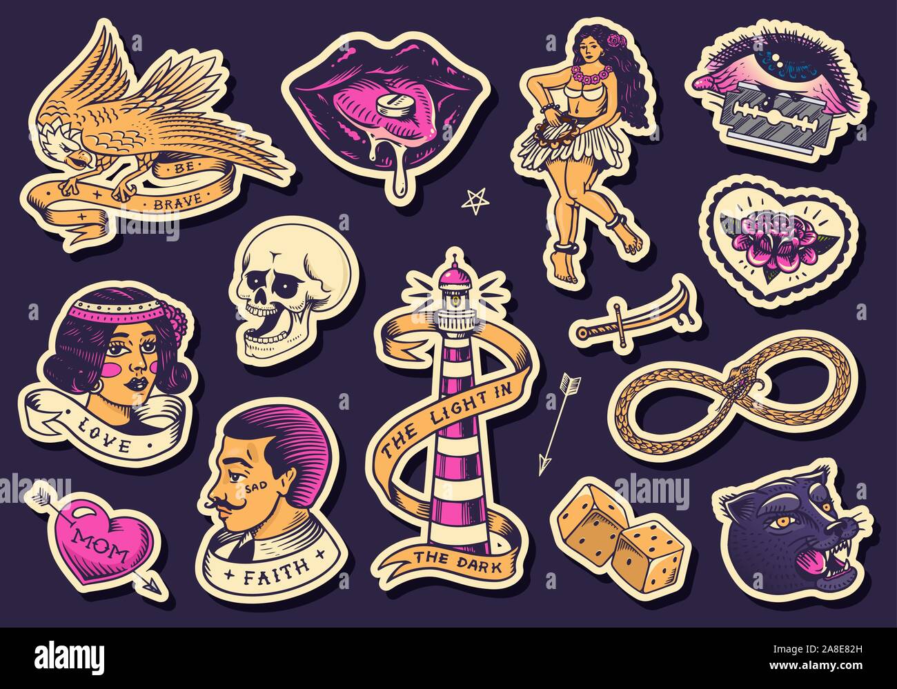 Old school tattoo autocollants set. Femme danseuse de hula hawaïenne, phare, Panther, crâne et serpent. Gravé à la main vintage retro esquisse pour Illustration de Vecteur