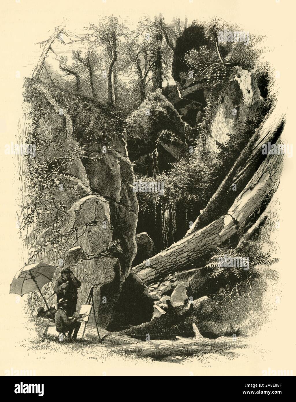 'Ice Glen, Stockbridge', 1874. Croquis de l'artiste dans un ravin près de Stockbridge, Massachusetts, USA. "Un mille ou plus du village est constaté que merveille de la nature, la glace Glen, qui traverse le nord de l'éperon de la montagne de l'ours ; et dans sa longue et super les corridors et les cryptes, formé par les roches massives et sombres, et d'énormes arbres, la prostate mais explorer peuvent trouver des masses de glace dans le coeur et la chaleur de l'été. L'adoption de ce Glen, mais pas dangereux, nécessite de la patience et des nerfs, et chère de torches rougeoyant avec'. À partir de "l'Amérique pittoresque ; ou, le pays dans lequel nous vivons, un Delineati Banque D'Images