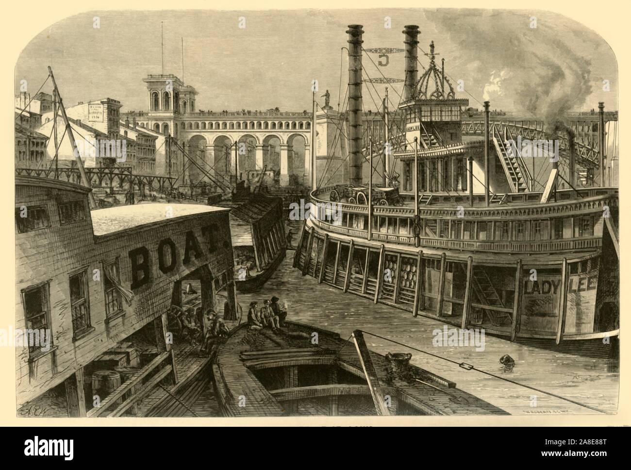 'La digue située à St Louis', 1874. Bateaux à aubes sur le Mississippi à St Louis, Missouri, USA. 'St. Louis est destiné à un grand avenir. Le magnifique pont vient de terminer, l'un des plus grands et des plus beaux au monde, sur laquelle tous les trains en provenance de l'est saisir directement la ville, aura un effet sur sa fortune. Une particularité de la ville est le nombre d'énormes bateaux à vapeur que sa ligne de digue ; mais cette fonction est à peine notable ainsi qu'il l'était il y a une génération, avant de chemins avait participé avec les bateaux à vapeur pour le trafic marchandises et voyageurs. Les paquebots de la Banque D'Images