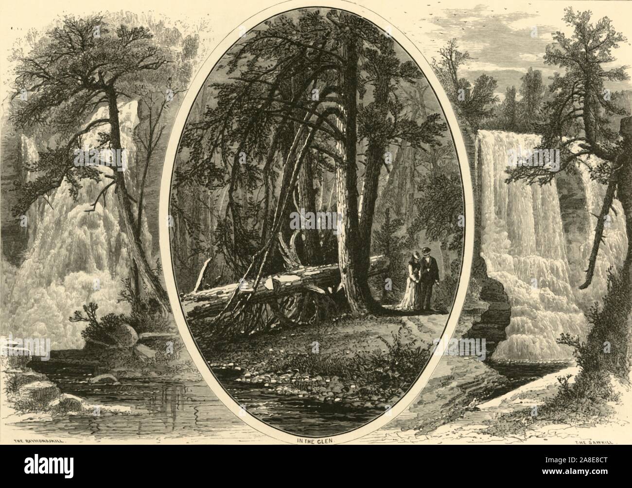 'Scènes dans et à propos de Milford', 1874. 'Le Raymondskill ; dans le Glen ; l' Sawkill, New York, USA. 'Une distance au-dessous du village de Milford, nous atteignons les chutes de l'Raymondskill...Le torrent dégringole parmi une masse de feuillage sur un rocher, et est cassée à plusieurs reprises par des projections, qui le causent d'augmentation et de la mousse dans un grand tumulte...ici dans Milford Glen, sur une belle après-midi et le soir, les jeunes hommes et demoiselles troupeau, et d'errer, bras dessus, bras dessous, à travers les chemins étroits et trouble les creux...plus au nord sont les principales chutes de la...l'eau Sawkill tirets contre certains projection r Banque D'Images