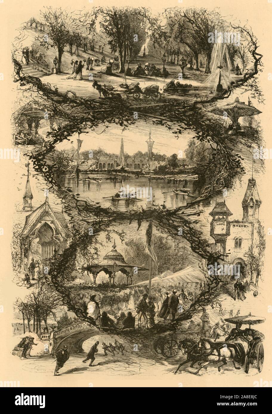 'Scènes dans Central Park', 1874. Vignettes de horse-et-calèche, le lac de plaisance, le kiosque, et le patin à glace, New York City, USA. '...Sa taille n'est pas minimale, au nombre de huit cent quarante-trois acres ; tandis que, dans son union de l'art avec la nature, ses nombreux ponts de conception pittoresque, sa terrasse comme l'Italienne, ses tours et ses maisons rustiques, ses lacs bateau, ses recoins pittoresques randonnées et promenades, ses larges et des promenades, il est unapproached dans ce pays et à l'étranger sans égale...sa superbe durs sont bondé de véhicules, tandis que tous ses sentiers sont occupés à l'été Banque D'Images