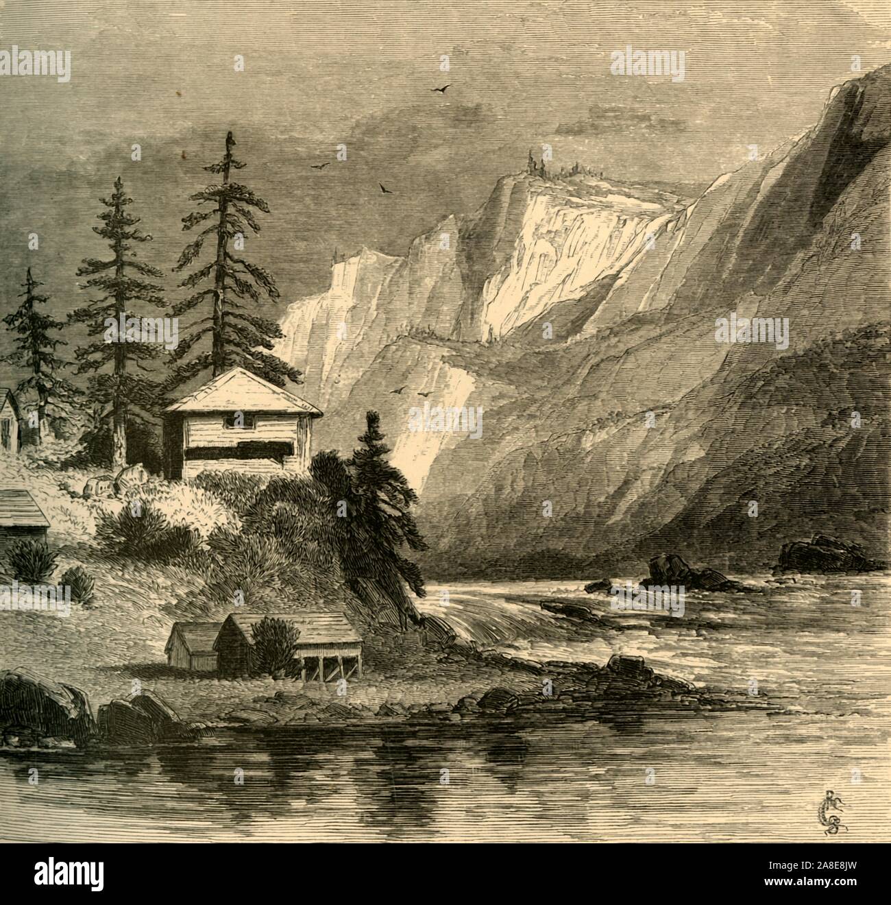 'Milieu Block-house, Cascades', 1872. La rivière Columbia, USA : 'Les Cascades sont les violents et rapides de la rivière tourbillonnante qui tombe quarante pieds, vingt pieds d'être prises presque à un saut. Mais pour cinq milles de la rivière est un bouillonnement d'un bain à remous et un peu queer railroad sur le côté de Washington donne à l'portage. La piste est si près du bord de l'eau que l'on a une vue sur les rapides pour l'ensemble de la façon dont, à partir du milieu, relique de unremote pas guerres indiennes, à la forêt noyée au-dessus du palier supérieur. L'ensemble de lit de rivière est rochers gigantesques, parfois caché par l'eau, donc Banque D'Images