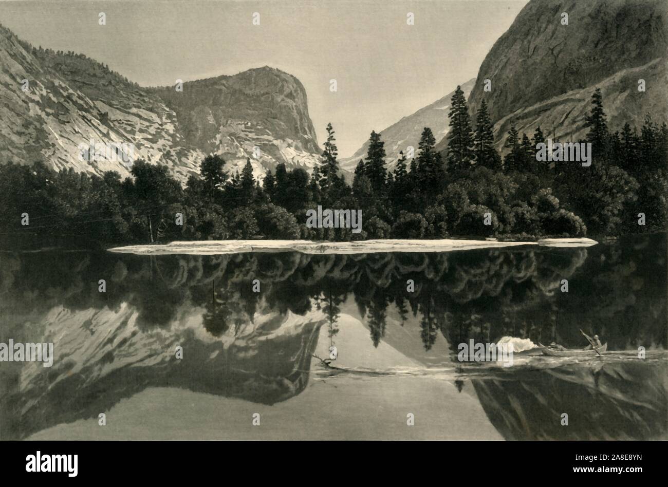 Le lac Miroir, Yosemite Valley', 1872. Mont Watkins reflétée dans un lac glaciaire dans la région de Yosemite National Park, California, USA. Au premier plan une piscine deer tourné à par les chasseurs dans un canot. Gravure sur acier par S.V. Chasser après Harry Fenn. À partir de "l'Amérique pittoresque ; ou, le pays dans lequel nous vivons, une délimitation par Stylo et crayon sur les montagnes, les rivières, les lacs...avec des illustrations sur l'acier et le bois par d'éminents artistes américains" tome I, édité par William Cullen Bryant. [D. Appleton et Company, New York, 1872] Banque D'Images