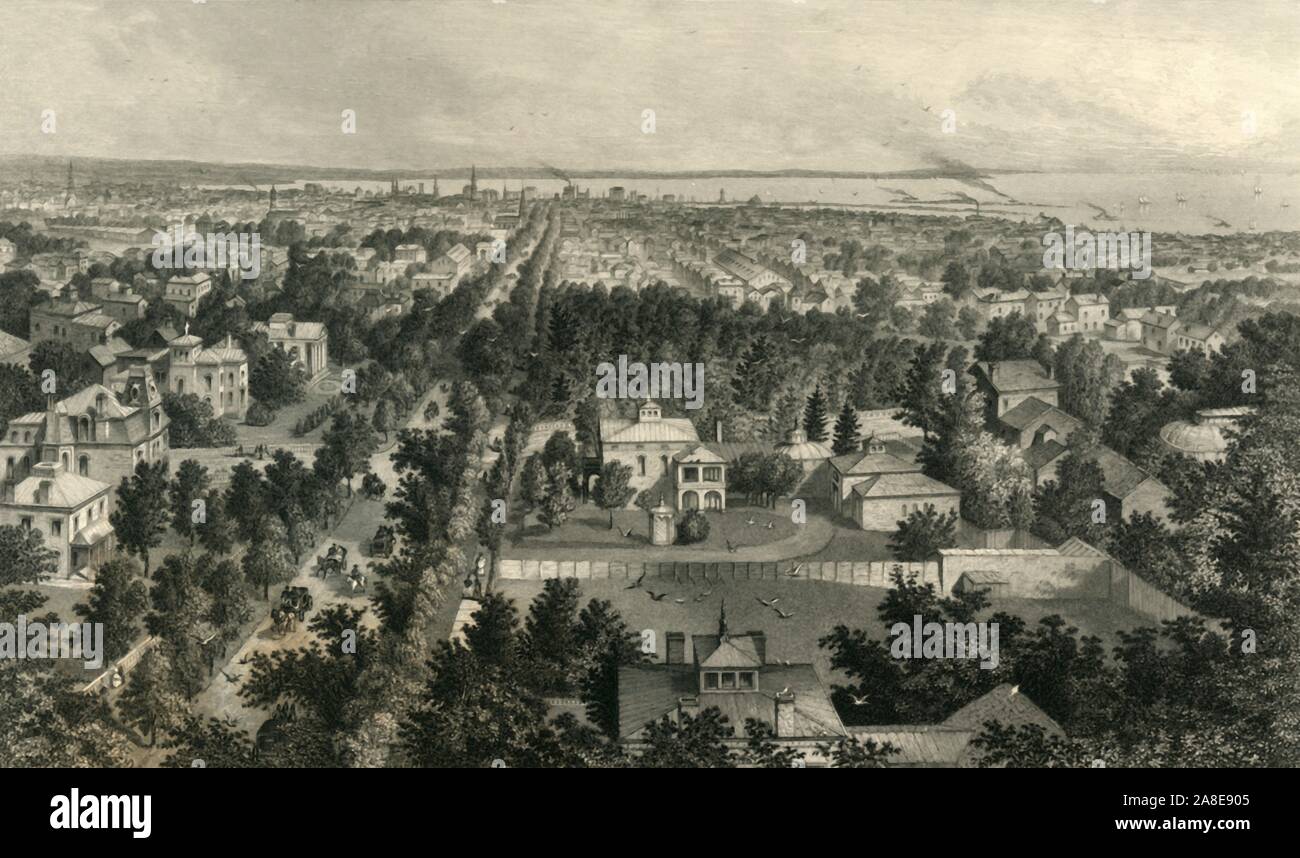 'Ville de buffalo', 1872. Avis de Buffalo, État de New York, USA, montrant des avenues bordées d'arbres, d'espaces ouverts, et le lac Érié au loin. Joseph Ellicott était responsable de la planification urbaine et la mise en page, et Frederick Law Olmsted a conçu son vaste système de parcs nationaux. À partir de "l'Amérique pittoresque ; ou, le pays dans lequel nous vivons, une délimitation par Stylo et crayon sur les montagnes, les rivières, les lacs...avec des illustrations sur l'acier et le bois par d'éminents artistes américains" tome I, édité par William Cullen Bryant. [D. Appleton et Company, New York, 1872] Banque D'Images
