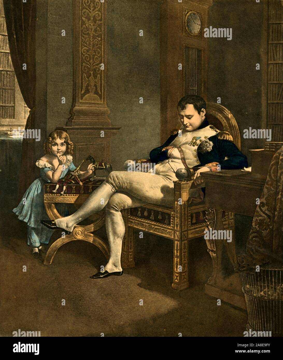 "Chut ! Papa Dort !', 19e siècle, (1921). 'Ssh, Papa est en train de dormir !". L'empereur Napoléon sommeille dans son trône comme un enfant est titulaire d'un doigt sur sa (ses ?) les lèvres. Toys - poupée d'un poinçon et un cheval sur roues - sont sur le banc en face de l'enfant. Malgré la robe et anglaises, c'est peut-être le fils de Napoléon, également nommé Napoléon, (1811-1832). Il était commun pour les garçons de porter des vêtements des filles au cours de cette période. (Napoléon n'ai une belle-fille, Hortense de Beauharnais, qui aurait été d'environ 12 quand sa mère a rencontré Napoléon en 1795). À partir de "Napoléon", par Raymond Guyot, [H. Floury, Paris, 1921] Banque D'Images