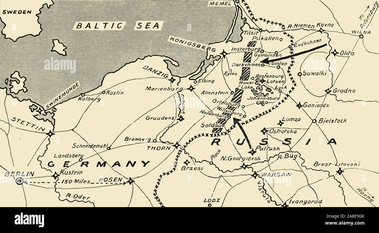 'Map illustrant l'invasion russe en Prusse Orientale', 1915. D'août à septembre 1914, l'Empire russe a envahi l'Allemagne sur le front de l'Est . De "La guerre d'Album De Luxe - Volume I. La première phase", édité par J. A. Hammerton. [L'Amalgamated Press, Limited, Londres, 1915] Banque D'Images