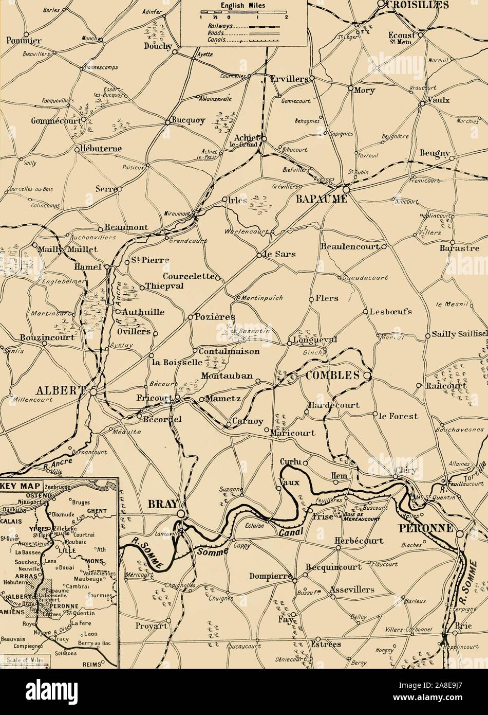 'Map montrant la grande avance des Britanniques de juillet 1916", 1916. De "La guerre d'Album De Luxe - Volume VI. Les opérations alliées au cours de la bataille de la Somme. La campagne de printemps et d'été de 1916", édité par J. A. Hammerton. [L'Amalgamated Press, Limited, Londres, 1916] Banque D'Images