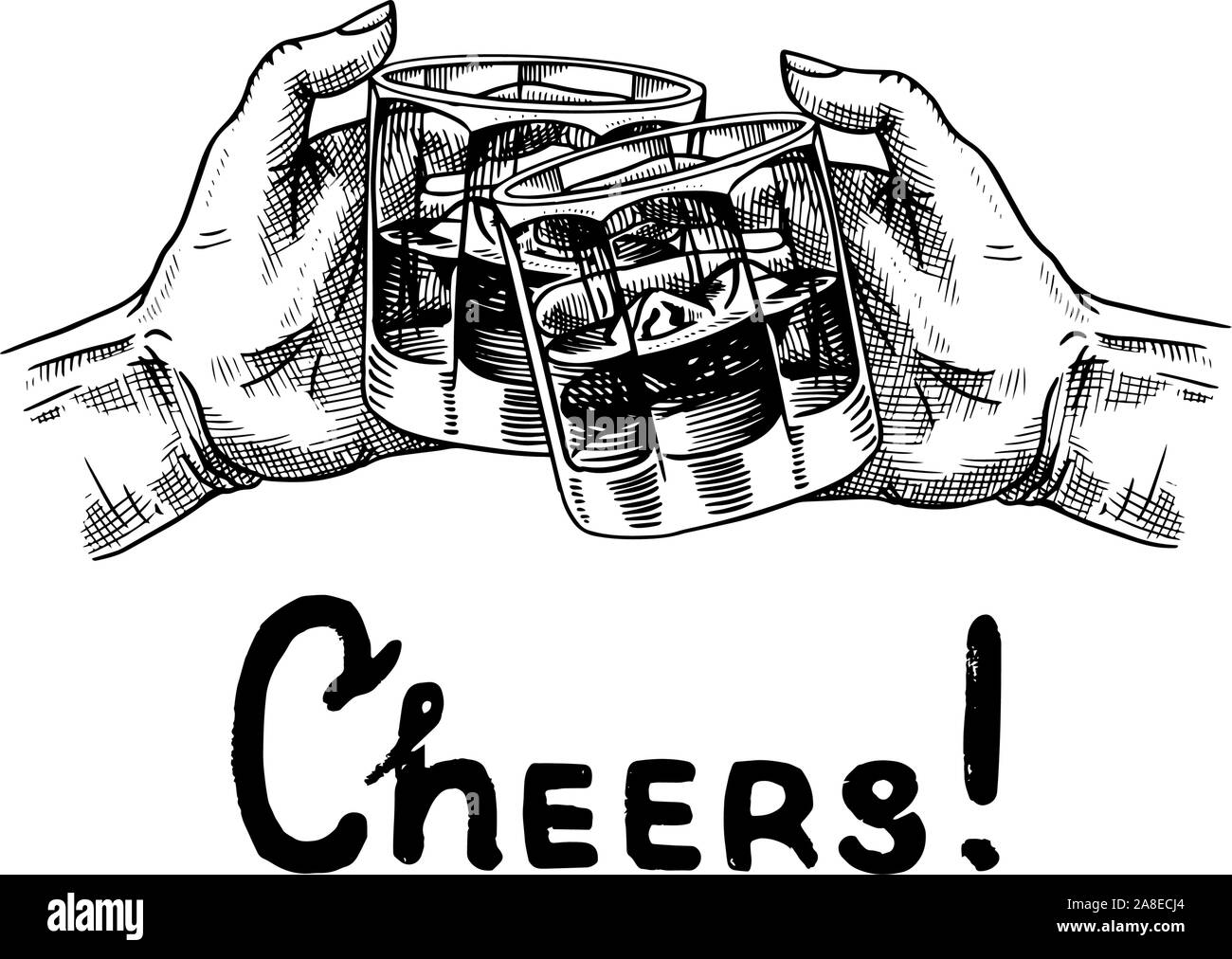 Cheers toast. Un verre de whisky dans les mains. American Vintage badge. Les étiquette avec éléments calligraphiques. La boisson forte. Gravé à la main Illustration de Vecteur