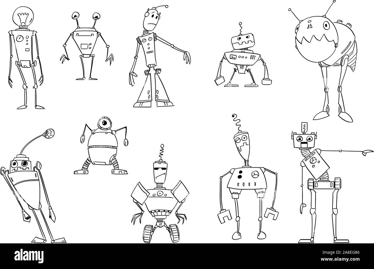 Dessin noir et blanc vecteur illustration de l'ensemble de rétro mignon drôle de conception de robots. Livre de coloriage pour les enfants. Illustration de Vecteur