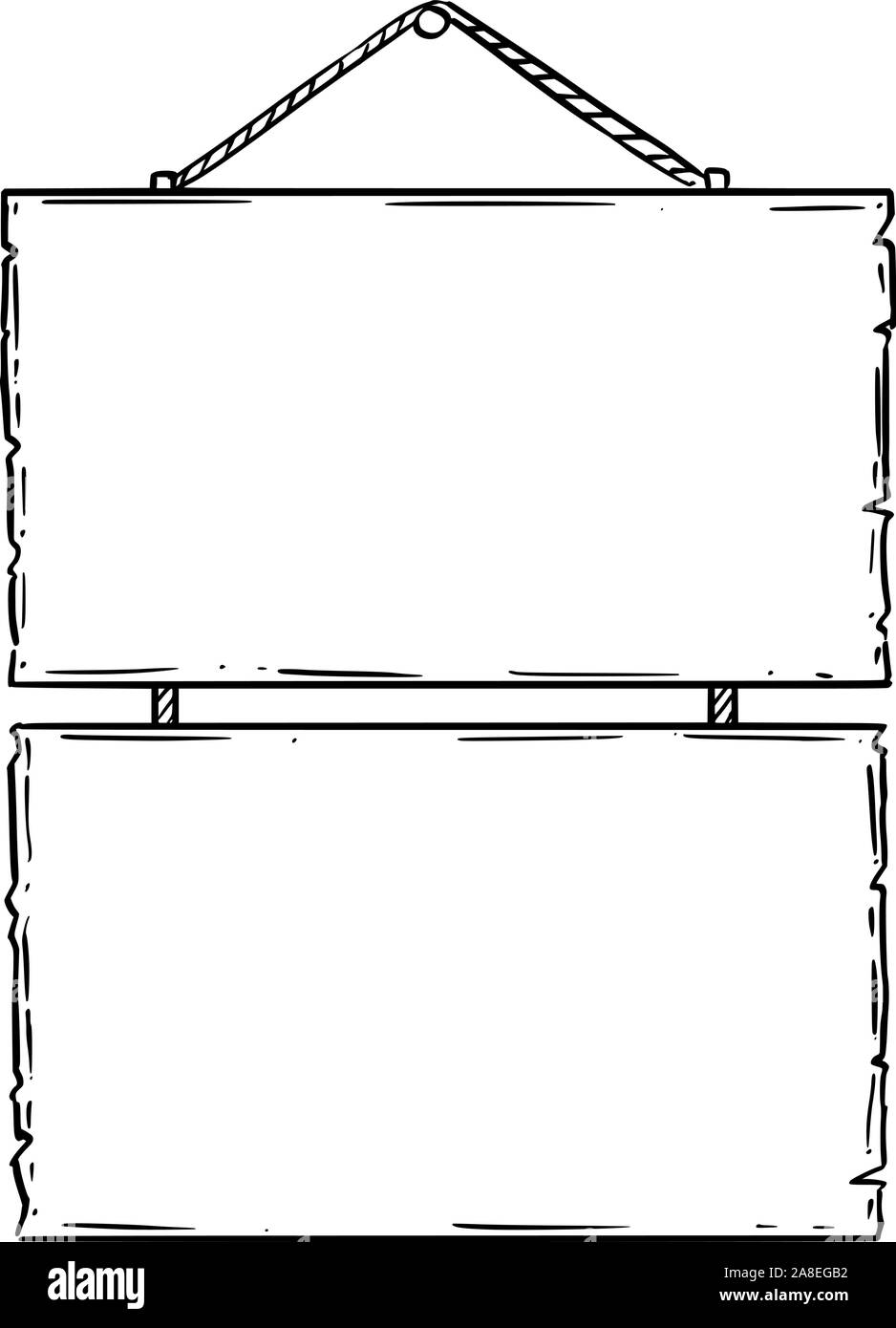 Noir et blanc vecteur doodle dessin à la main de deux vide ou vide panneau en bois sur corde. Design publicitaire. Illustration de Vecteur