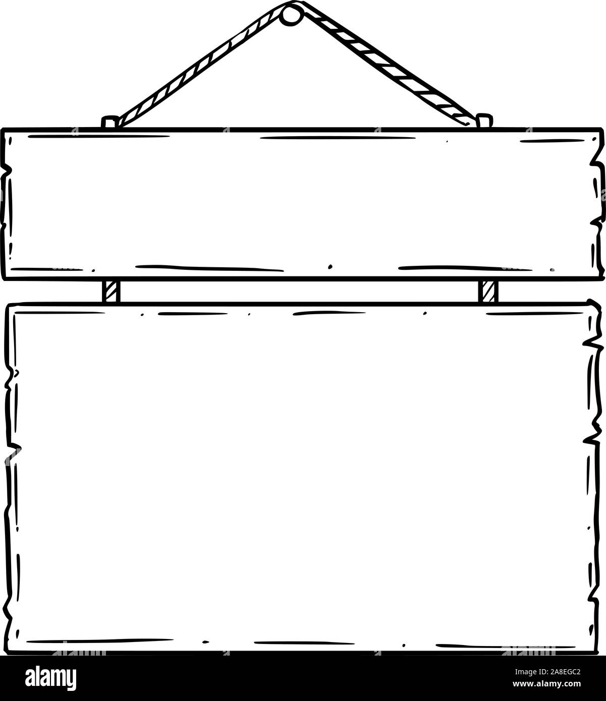 Noir et blanc vecteur doodle dessin à la main de deux vide ou vide panneau en bois sur corde. Design publicitaire. Illustration de Vecteur