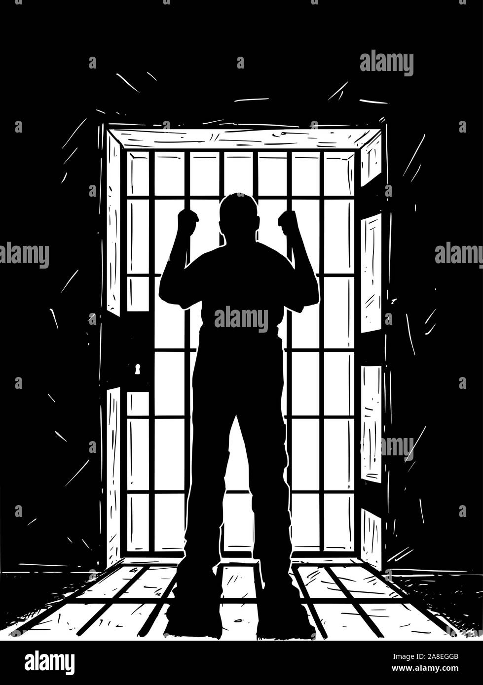En noir et blanc vectoriel dessin artistique de prisonnier en cellule de prison tenant des barres de fer. La lumière provenant de l'extérieur est d'ombre. Illustration de Vecteur