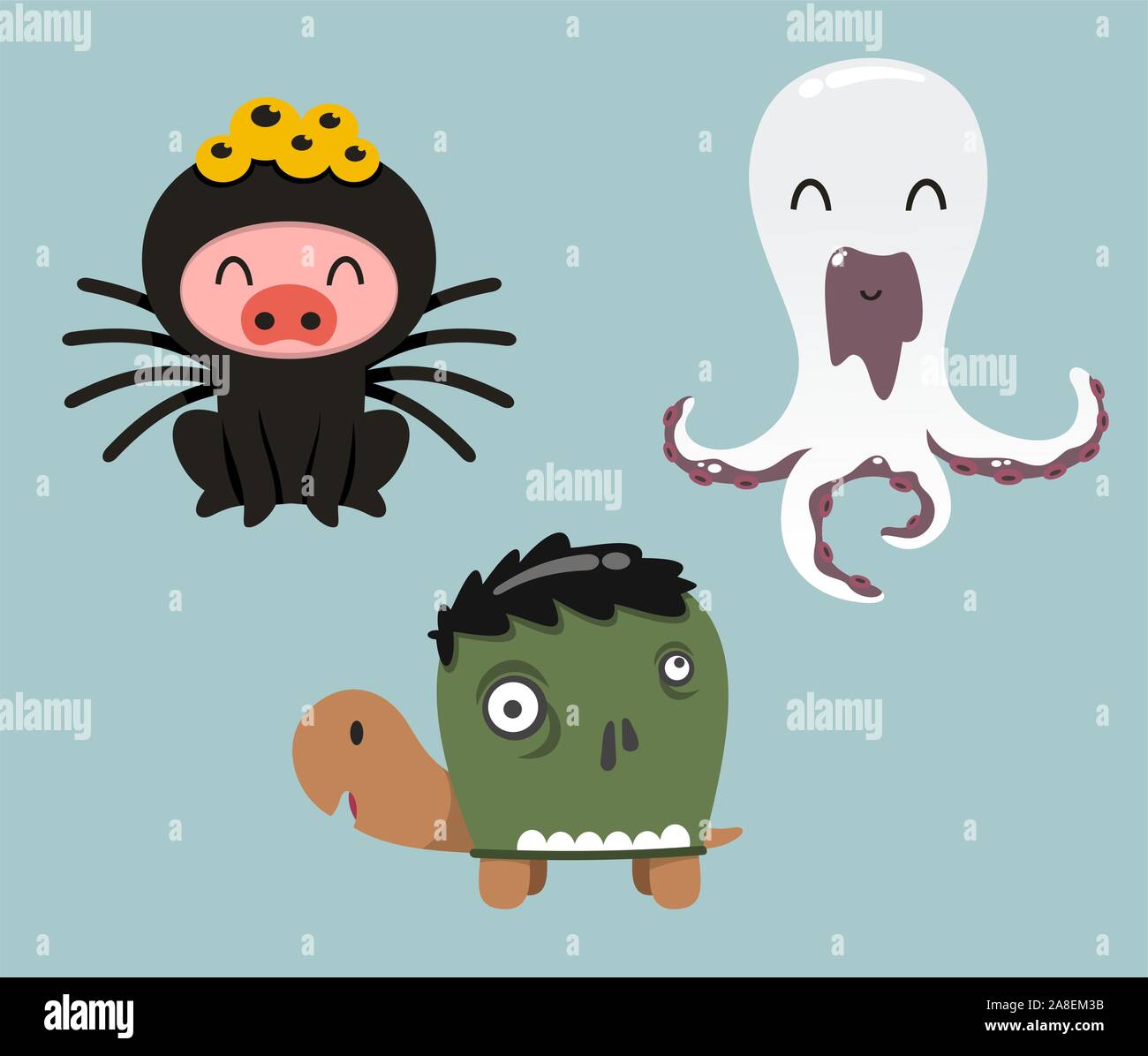 Animaux Halloween costumes dans la caricature de porc, de la tortue et de l'octopus Illustration de Vecteur