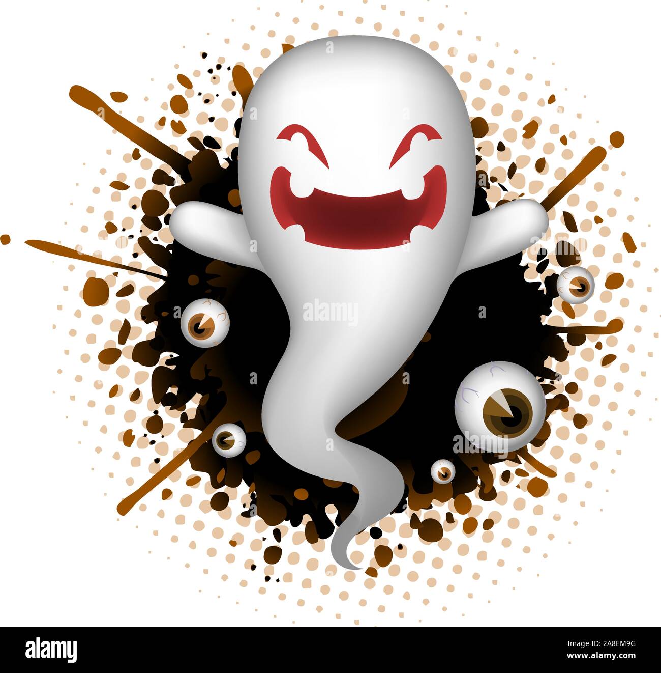 Ghost, Mignon, joyeux, de l'imagination, le spectre, l'âme de la musique, octobre, spectre, cérémonie, Halloween, Symbole, gerbe, corps mort, oeil humain, culte traditionnel Illustration de Vecteur