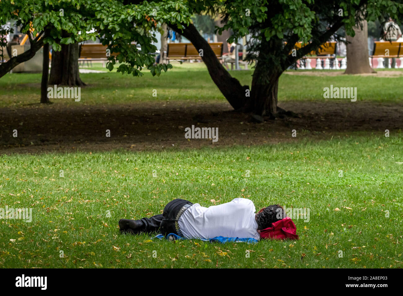 Mann schläft dans un parc (Volksgarten) à Linz, Autriche. Banque D'Images