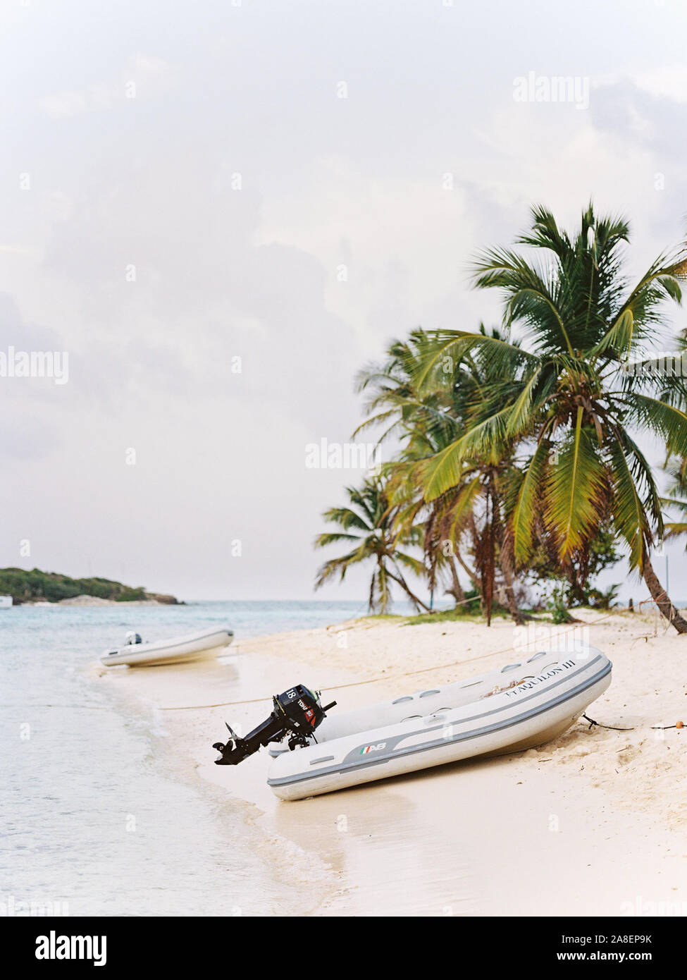 Une plage bordée de palmiers isolés en Saint Vincent et les Grenadines avec une petite annexe gonflable pendant les heures du soir avec un ciel nuageux. Banque D'Images