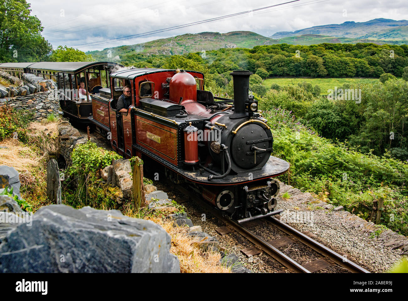 Train à vapeur sur le chemin de fer Ffestiniog. Banque D'Images