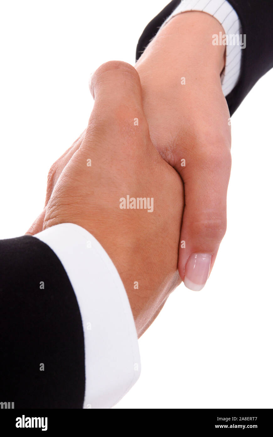 Handschlag zwischen Mann und Frau, Büro, Angestellte, Vertrag, Bertragspartner, Begrüssung, Willkommen, Freisteller, Banque D'Images