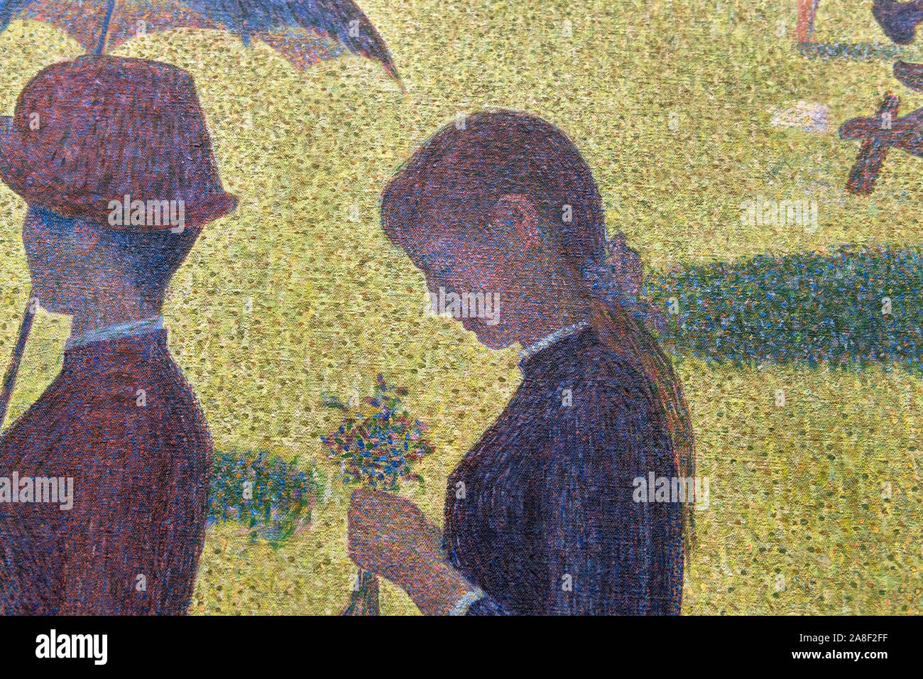 Détail de la peinture 'Un dimanche à la Grande Jatte' par Georges Seurat montrant la technique pointilliste. Banque D'Images