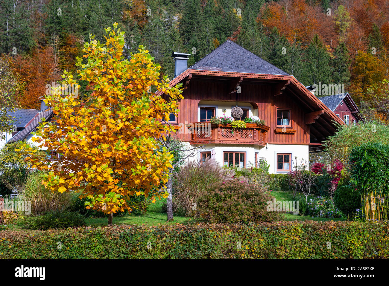 Un chalet avec la couleur des feuilles d'automne près de Bad Ausssee, l'Autriche, l'Europe. Banque D'Images