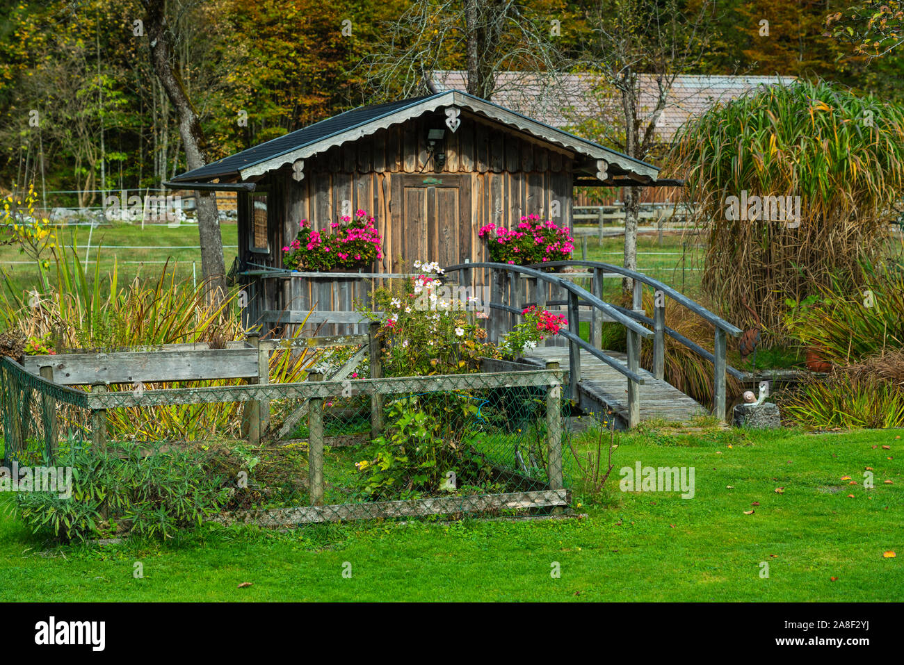 Un chalet avec la couleur des feuilles d'automne près de Bad Ausssee, l'Autriche, l'Europe. Banque D'Images