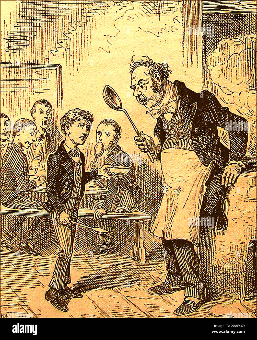 1885 Illustration - l'histoire d'Oliver Twist Oliver Twist, un orphelin qui est vendu en apprentissage chez un entrepreneur de pompes funèbres. Après s'il se rend à Londres, où il rencontre le "Artful Dodger', un membre d'un gang de jeunes voleurs à la conduite par un vieux Fagin voyous. Ici Oliver est vu demander de plus de nourriture et qui en subit les conséquences. Banque D'Images