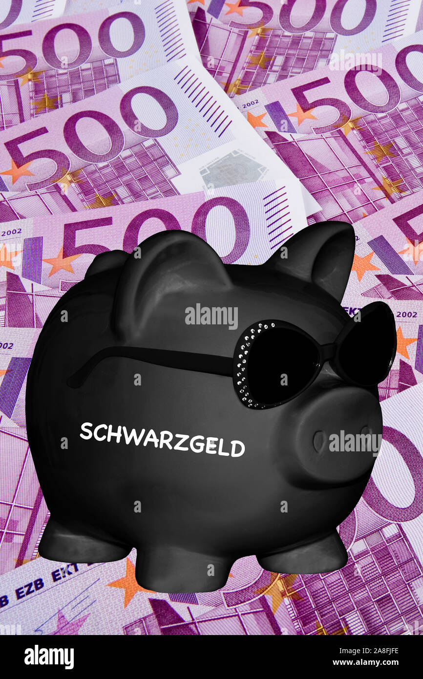 Schwarzes Sparschwein, Sparen, Vorsorge, Aufdruck : Schwarzgeld, Steuerhinterziehung, Banque D'Images