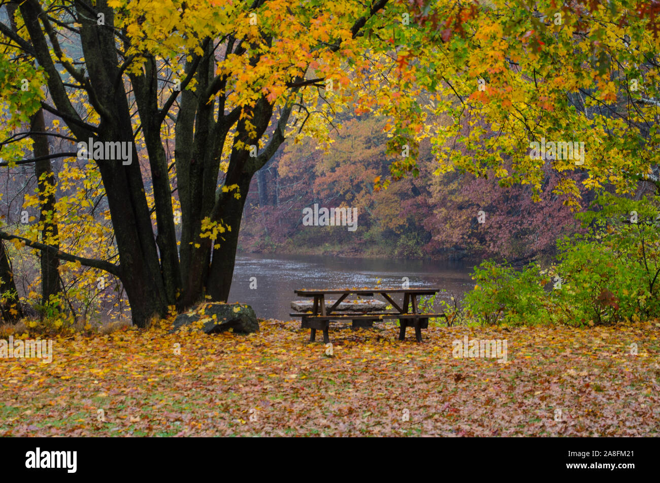 L'automne à Grist Mill Park, à Yarmouth, Maine, d'une table de pique-nique tranquille, USA, Banque D'Images