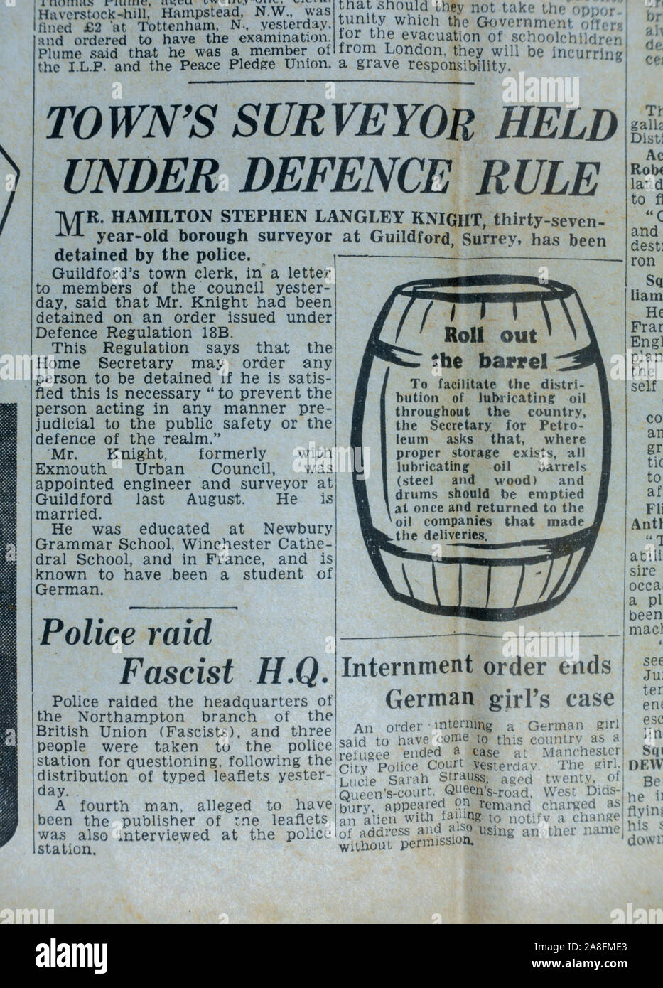 Rapport qu'un arpenteur de la ville a été détenu pour 'remarque', journal Daily Express (réplique) le 31 mai 1940 lors de l'évacuation de Dunkerque. Banque D'Images