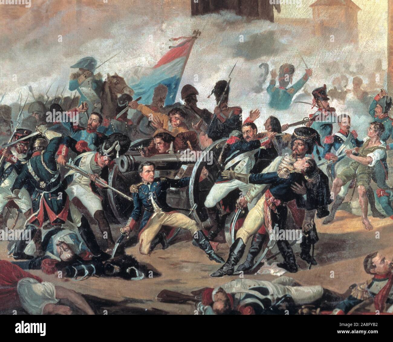 GUERRA DE LA INDEPENDENCIA . ESPAÑA 1808-1814 REINADO DE FERNANDO VII DEFENSA DEL PARQUE DE MONTELEON , 1884. DAOIZ Y VELARDE MUEREN EN SU INTENTO DE PROTEGER EL PARQUE DE ARTILLERIA COPIA DE A . ALVAREZ DEL OLÉO DE M . CASTELLANO. MUSEO DEL EJERCITO . MADRID. Banque D'Images
