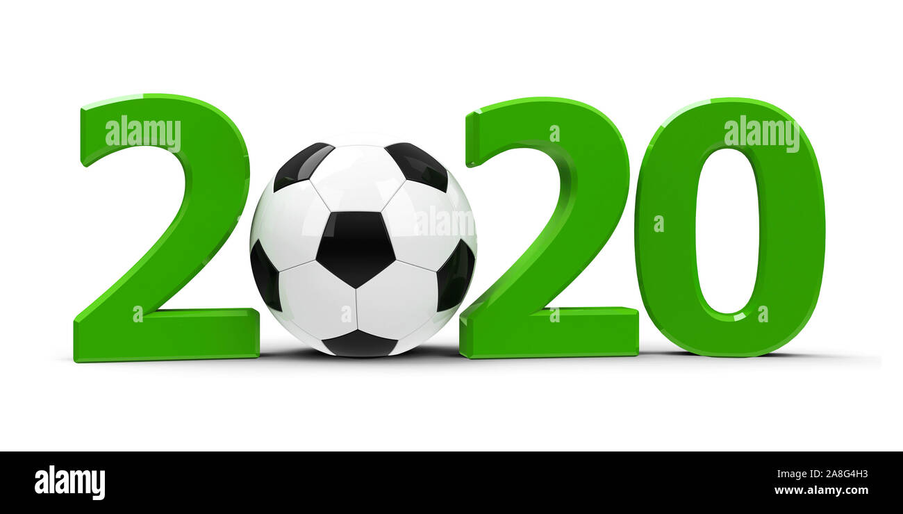 2020 vert avec football isolé sur fond blanc, représente 2020 compétition de football, le rendu en trois dimensions, 3D illustration Banque D'Images