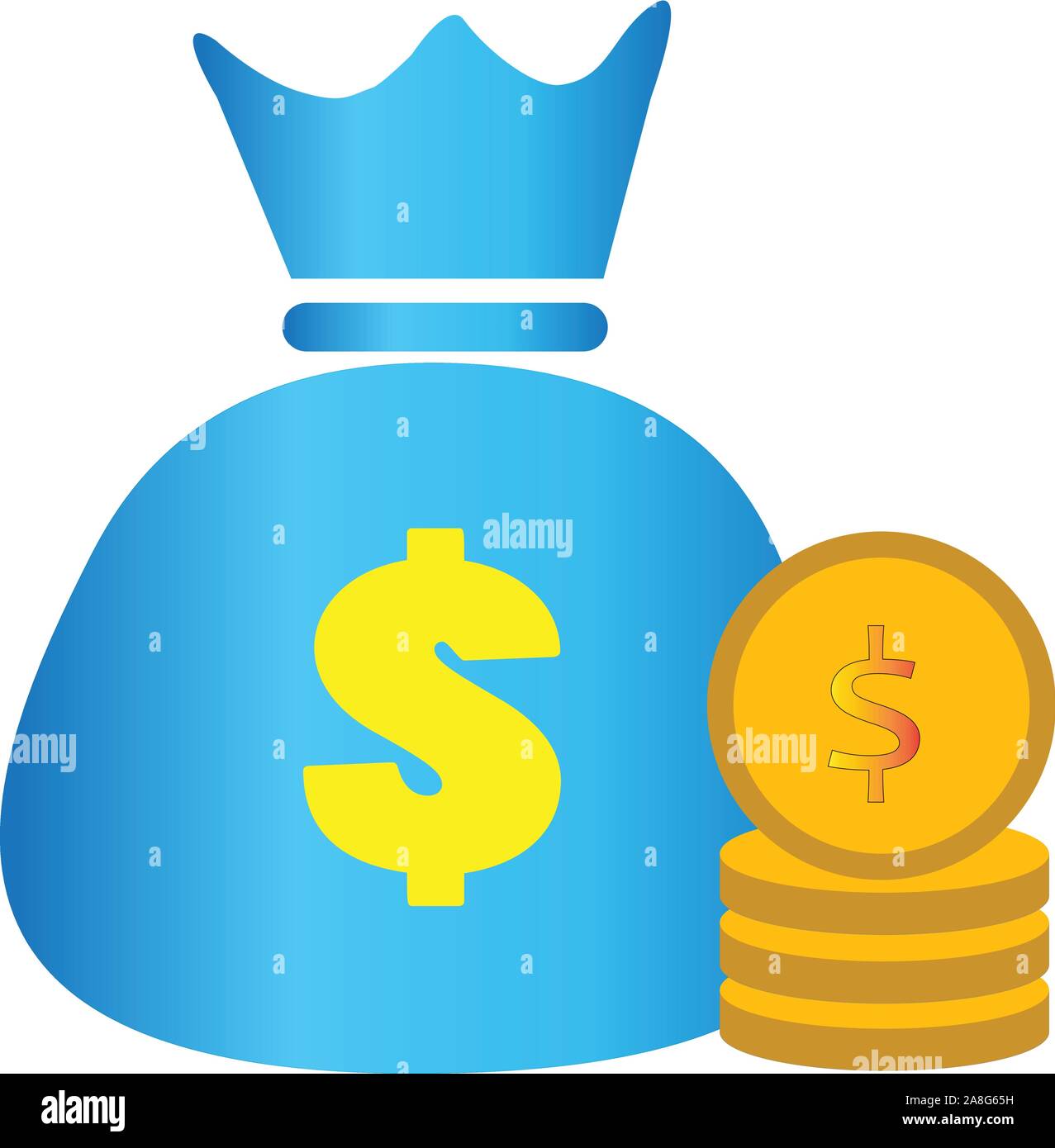 Concept de l'argent. des piles de pièces de monnaie et de l'argent sac. sac d'argent et d'argent sur fond blanc. argent épargne sac signe. Illustration de Vecteur