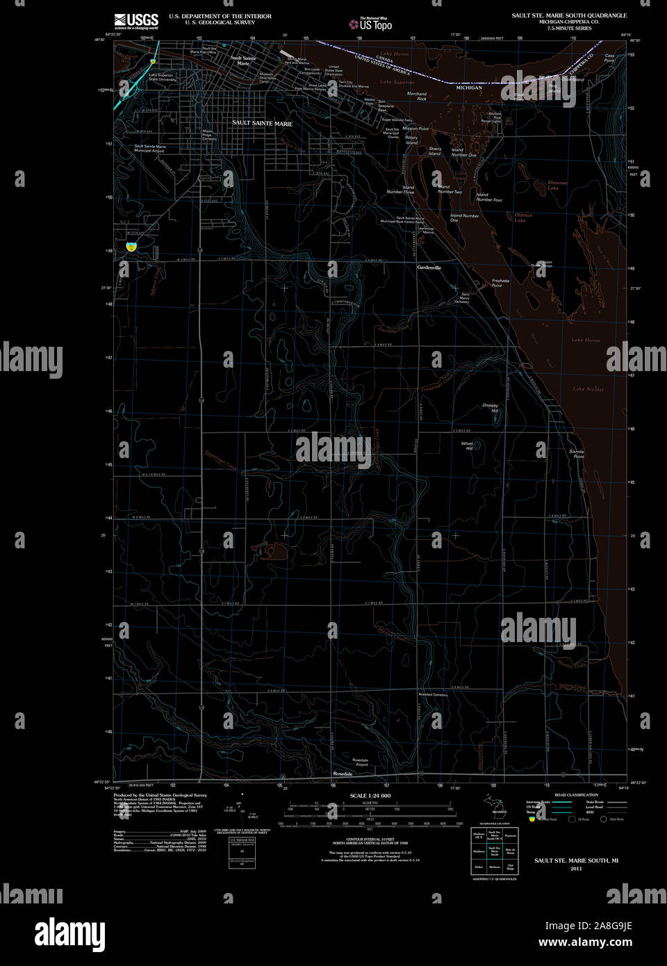 Carte TOPO USGS MI Michigan Sault Ste. Marie Sud 20110913 inversé TM Banque D'Images