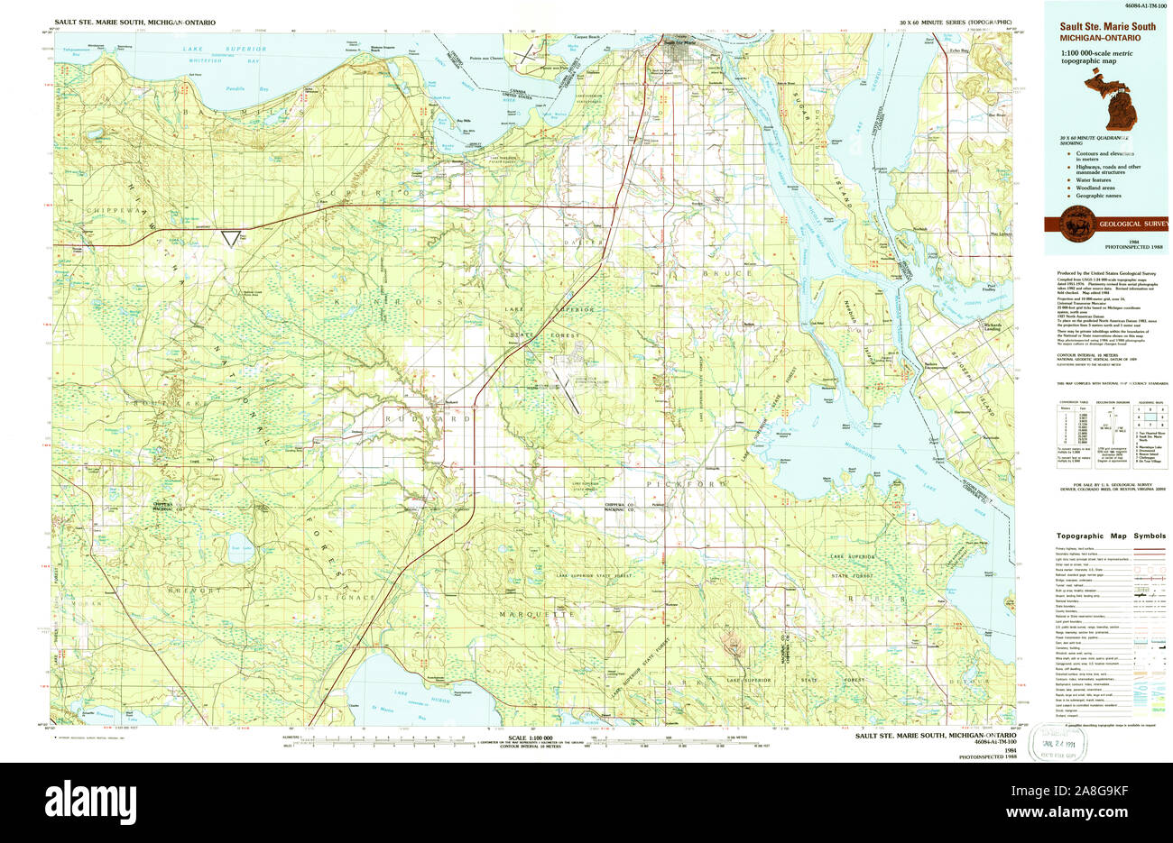 Carte TOPO USGS MI Michigan Sault Ste Marie Sud 278696 1984100000 Banque D'Images