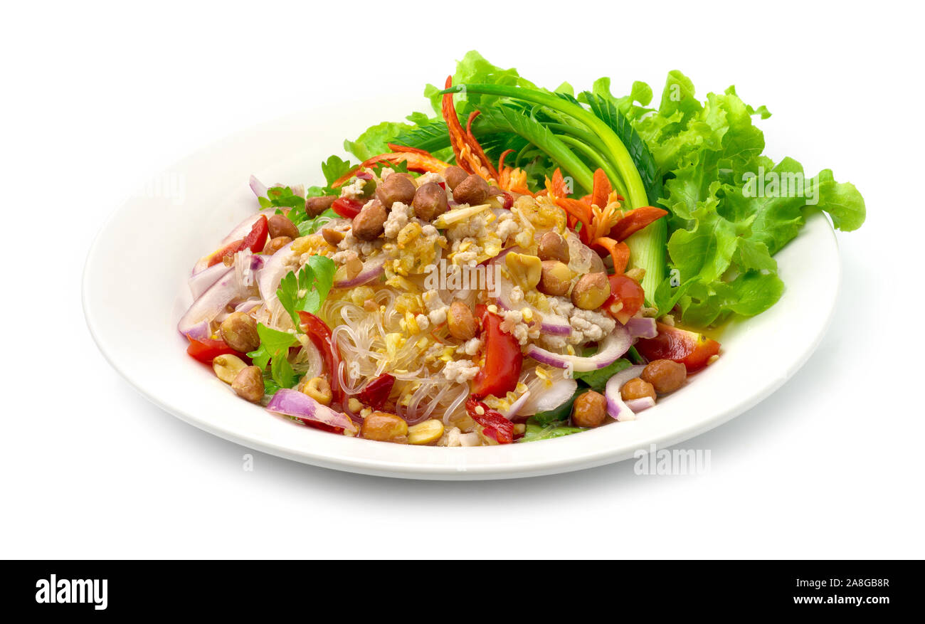 Salade épicée Vermicelle avec hachis de porc, de légumes,saupoudrer d'Arachide épicée chaude style fusion savoureuse nourriture thaïe décorer concombre sculpté, chili pepp Banque D'Images