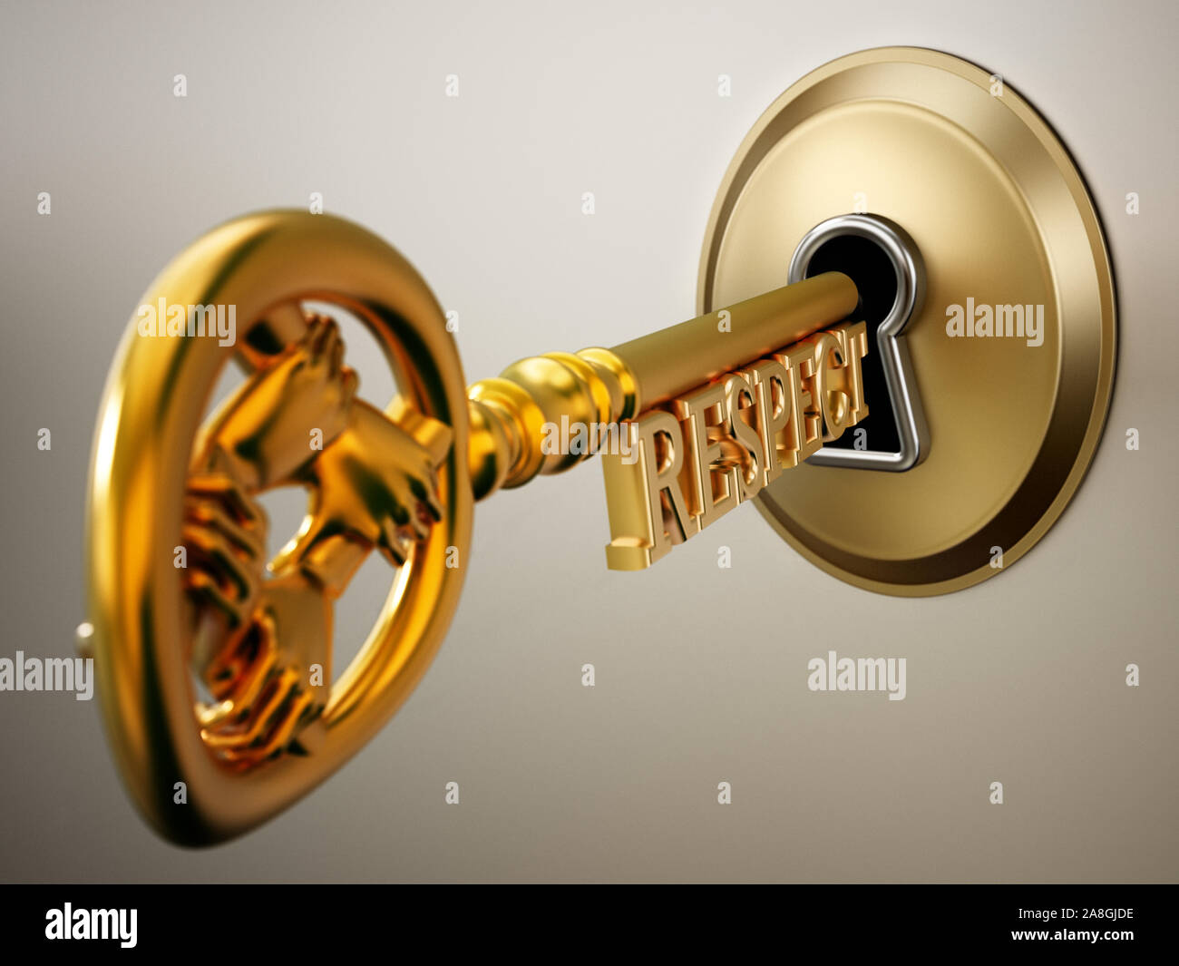 Ce qui concerne la main avec clés entrant de serrure. 3D illustration. Banque D'Images