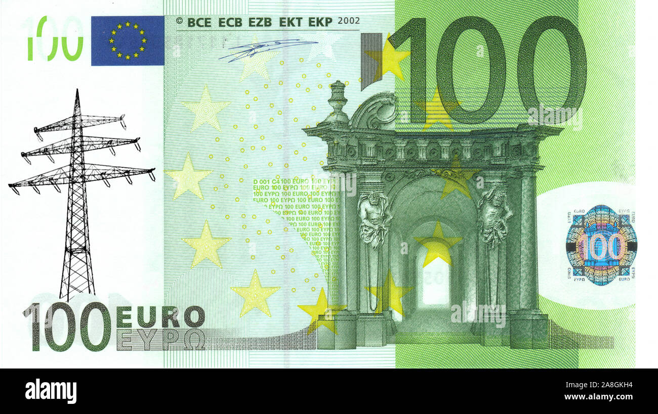 Stromkosten, 100 euros Schein mit Strommast, Creator, Banque D'Images