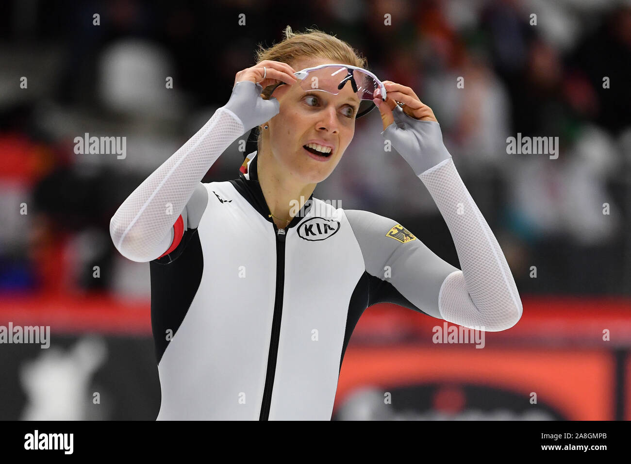 Inzell, Deutschland. 07Th Feb 2019. Roxanne DUFTER (GER), action, image unique, seule coupe motif, la moitié de la figure, la moitié de la figure, chers '3000m en patinage de vitesse, patinage de vitesse WM 2019 à partir de 07.-10.02.2019 en Inzell/Max Aicher Arena, Â | Conditions de crédit dans le monde entier : dpa/Alamy Live News Banque D'Images