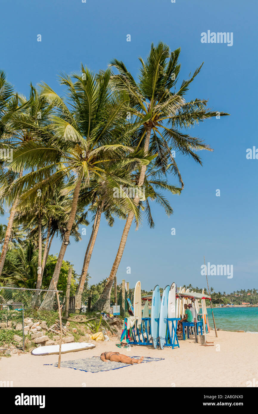 Les planches de surf et sport de l'eau à la plage de Mirissa, Sri Lanka Banque D'Images