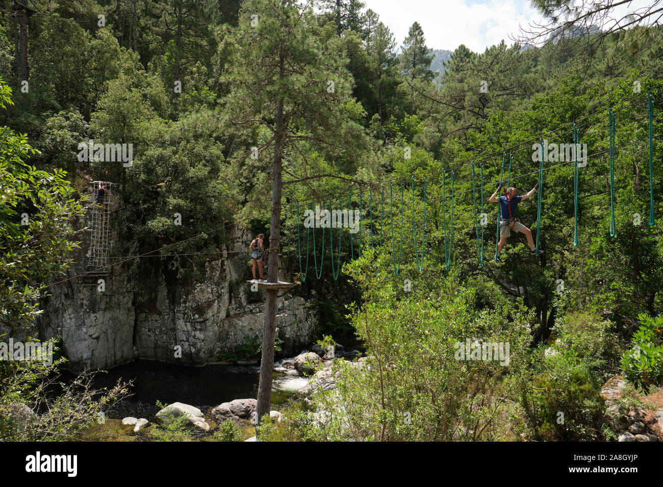 Ghisoni - Parc aventure Indian Forest Park - une forêt de montagne parcours Parcours aventure près de Ghisonaccia dans le centre de la Corse France Banque D'Images