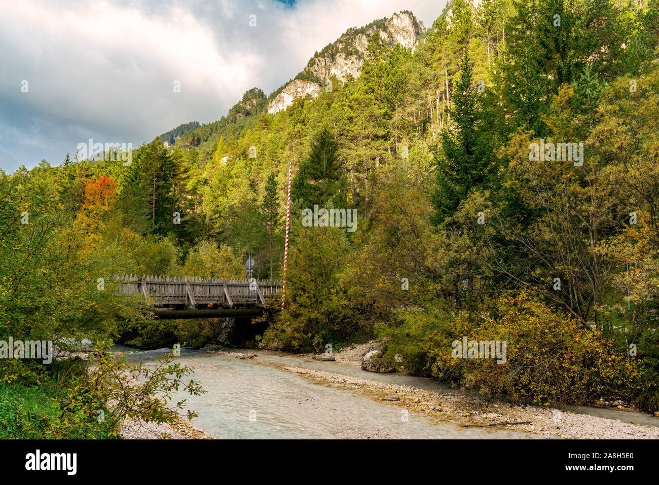 Belle vue de l'automne de l'Tschaminbach ruisseau de montagne près du parc naturel du Sciliar dans Weisslahnbad musée Rosengarten près de niveaux, Italie Banque D'Images